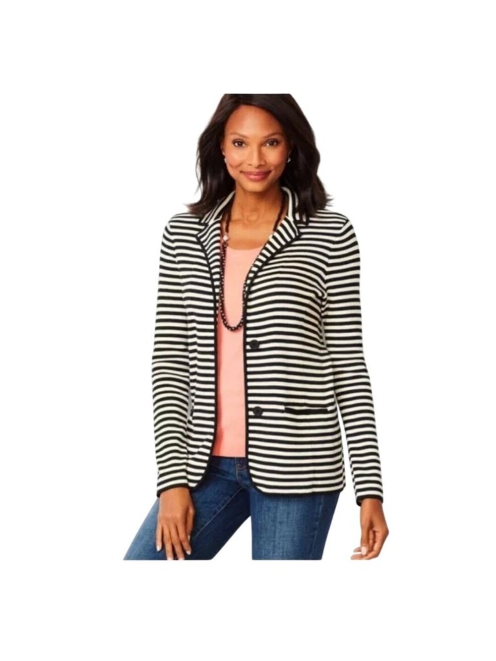 Talbots Black Striped Cotton Blend Knit Sweater Blazer Jacket Womens Large